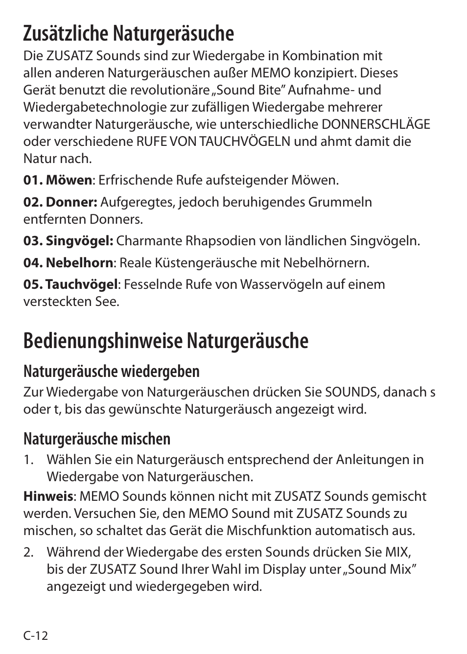 Zusätzliche naturgeräsuche, Bedienungshinweise naturgeräusche, Naturgeräusche wiedergeben | Naturgeräusche mischen | Sound Oasis S-5000 User Manual | Page 52 / 118