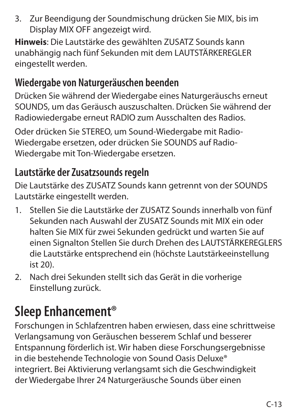 Sleep enhancement, Wiedergabe von naturgeräuschen beenden, Lautstärke der zusatzsounds regeln | Sound Oasis S-5000 User Manual | Page 53 / 118