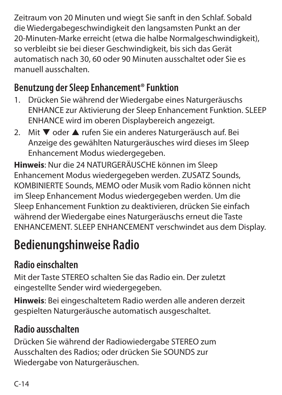 Bedienungshinweise radio, Benutzung der sleep enhancement® funktion, Radio einschalten | Radio ausschalten | Sound Oasis S-5000 User Manual | Page 54 / 118
