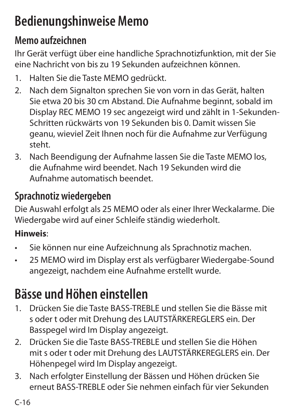 Bässe und höhen einstellen, Sprachnotiz wiedergeben | Sound Oasis S-5000 User Manual | Page 56 / 118