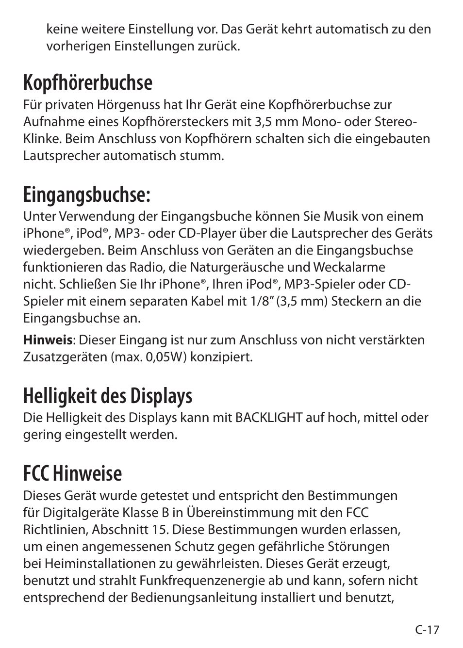 Kopfhörerbuchse, Eingangsbuchse, Helligkeit des displays | Fcc hinweise | Sound Oasis S-5000 User Manual | Page 57 / 118