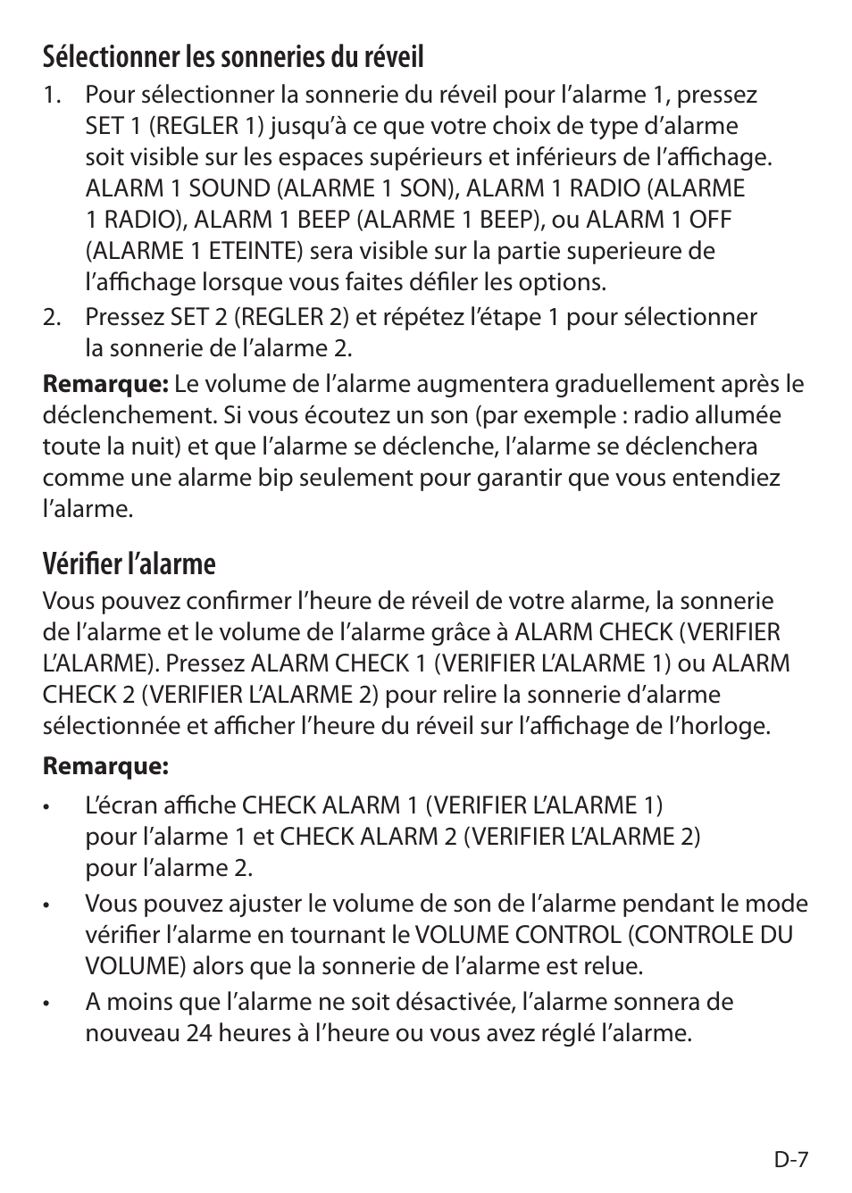Sélectionner les sonneries du réveil, Vérifier l’alarme | Sound Oasis S-5000 User Manual | Page 65 / 118