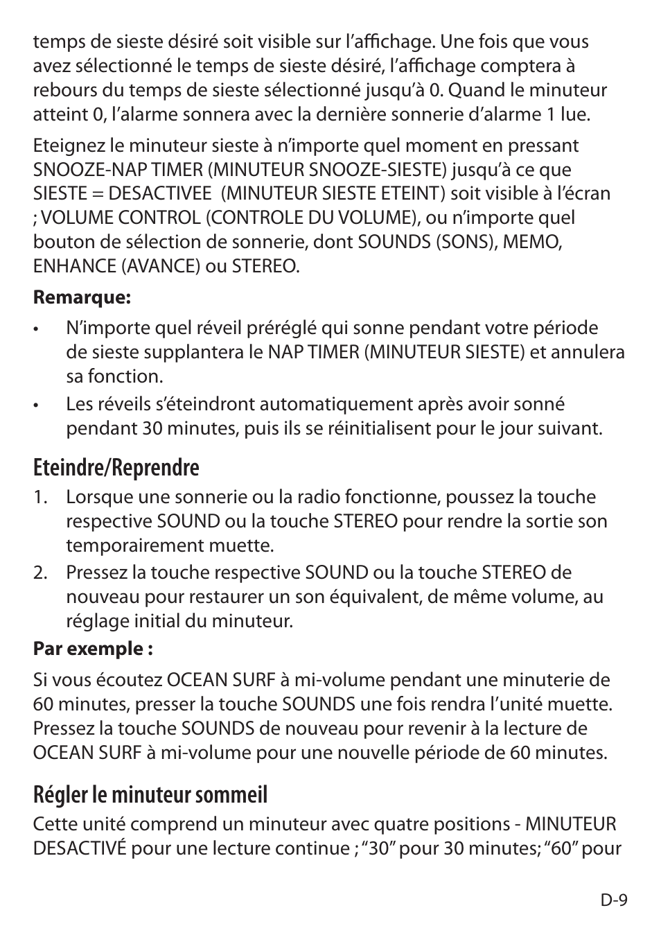 Eteindre/reprendre, Régler le minuteur sommeil | Sound Oasis S-5000 User Manual | Page 67 / 118