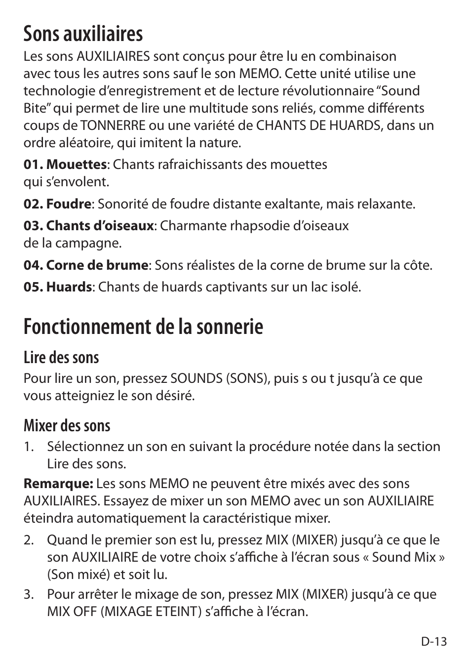 Sons auxiliaires, Fonctionnement de la sonnerie, Lire des sons | Mixer des sons | Sound Oasis S-5000 User Manual | Page 71 / 118