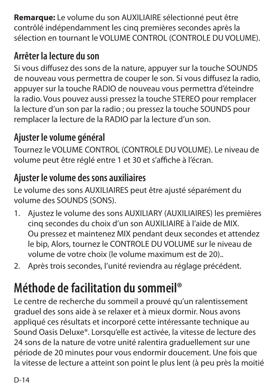Méthode de facilitation du sommeil, Arrêter la lecture du son, Ajuster le volume général | Ajuster le volume des sons auxiliaires | Sound Oasis S-5000 User Manual | Page 72 / 118