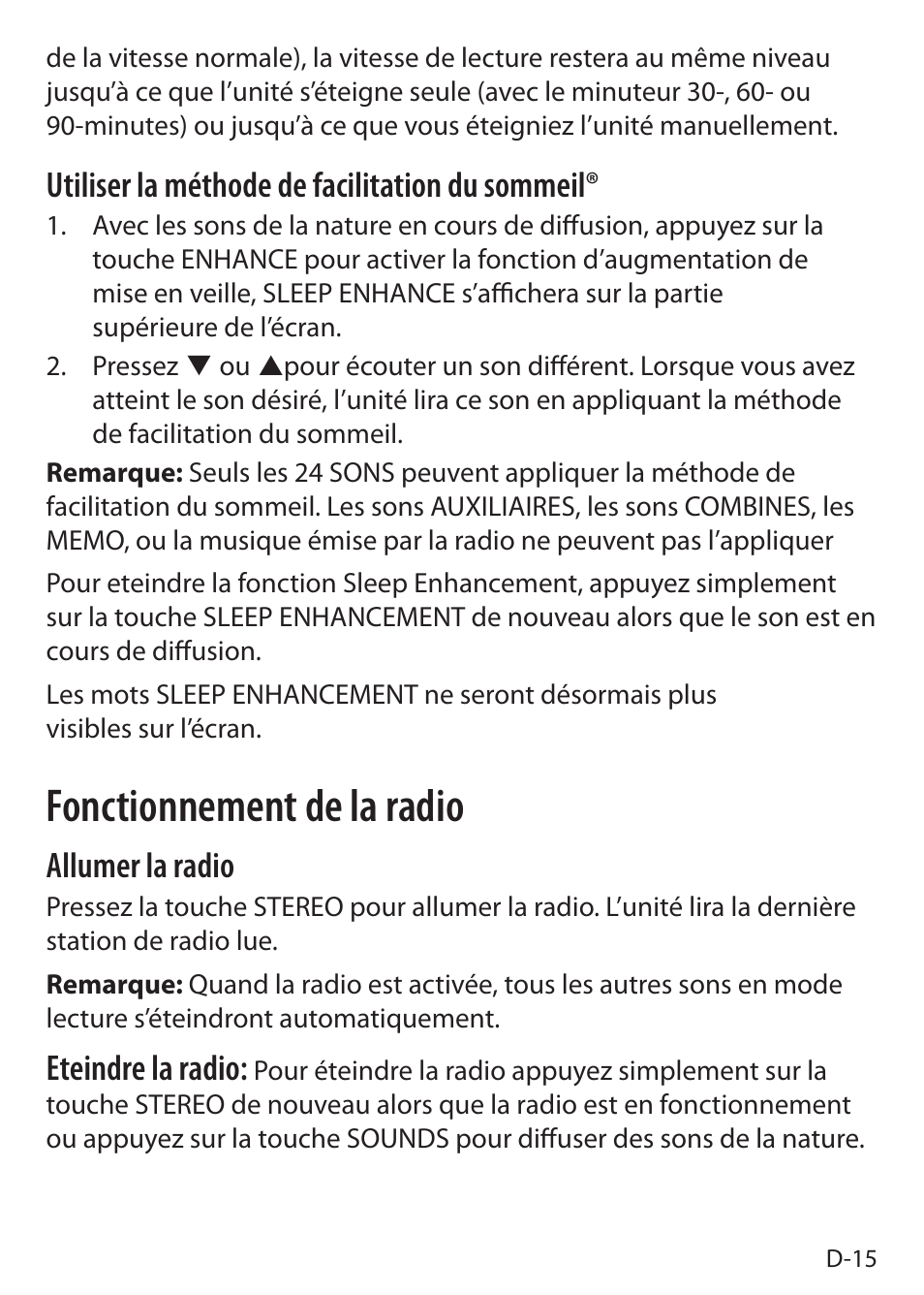 Fonctionnement de la radio, Utiliser la méthode de facilitation du sommeil, Allumer la radio | Eteindre la radio | Sound Oasis S-5000 User Manual | Page 73 / 118