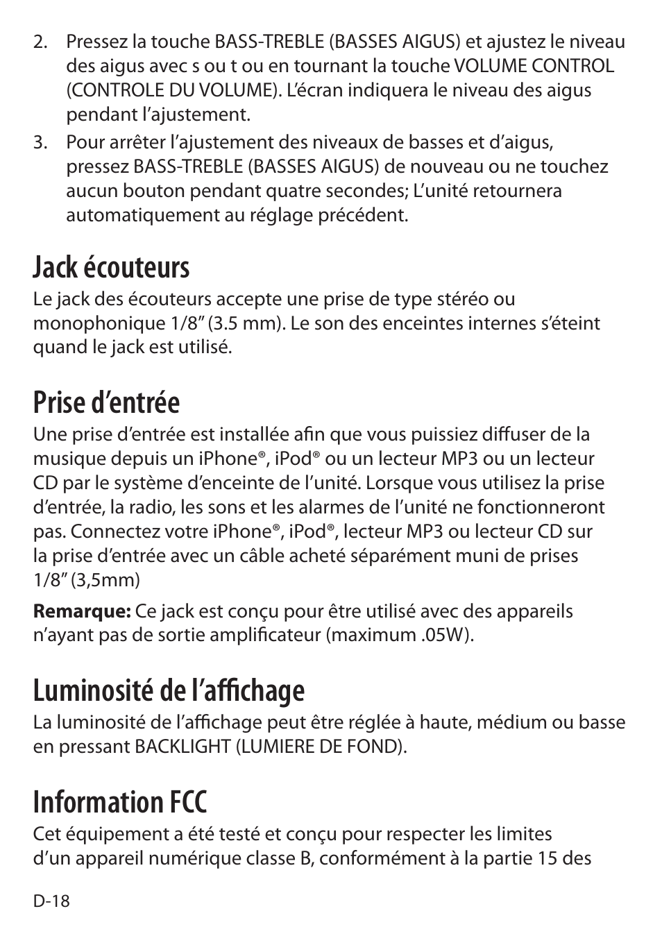 Jack écouteurs, Prise d’entrée, Luminosité de l’affichage | Information fcc | Sound Oasis S-5000 User Manual | Page 76 / 118