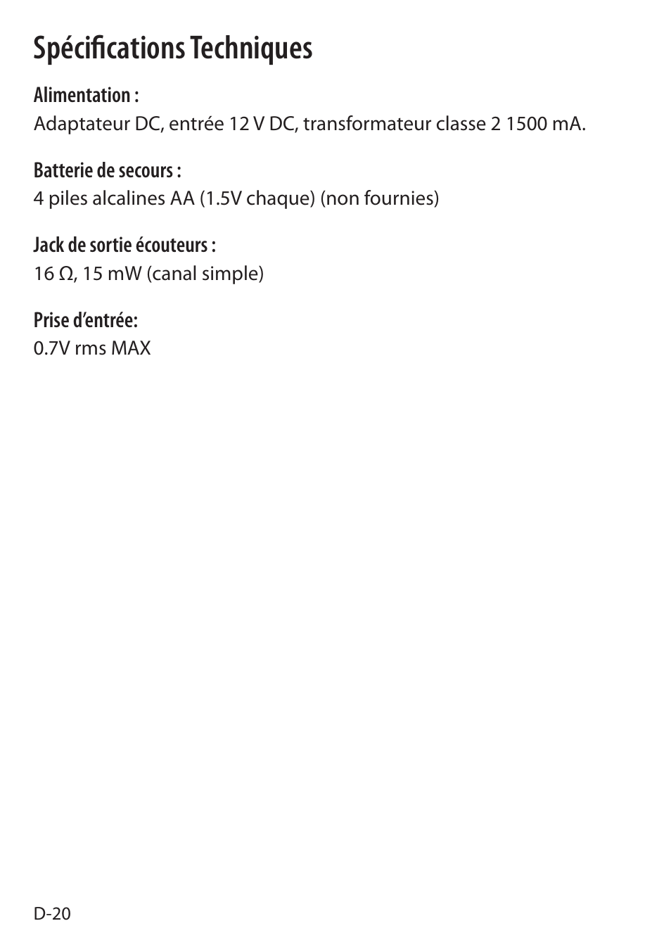 Spécifications techniques | Sound Oasis S-5000 User Manual | Page 78 / 118