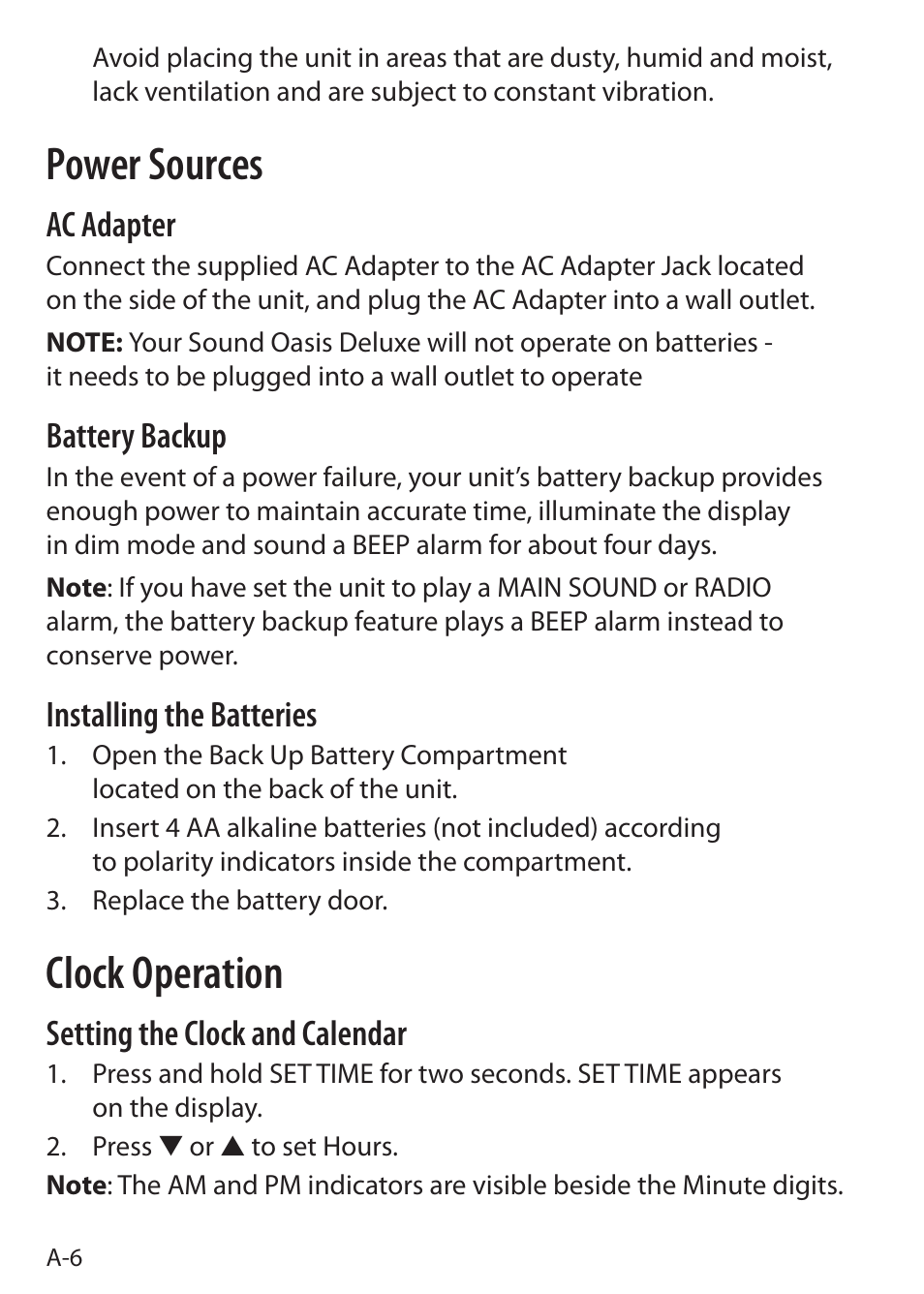 Power sources, Clock operation, Ac adapter | Battery backup, Installing the batteries, Setting the clock and calendar | Sound Oasis S-5000 User Manual | Page 8 / 118