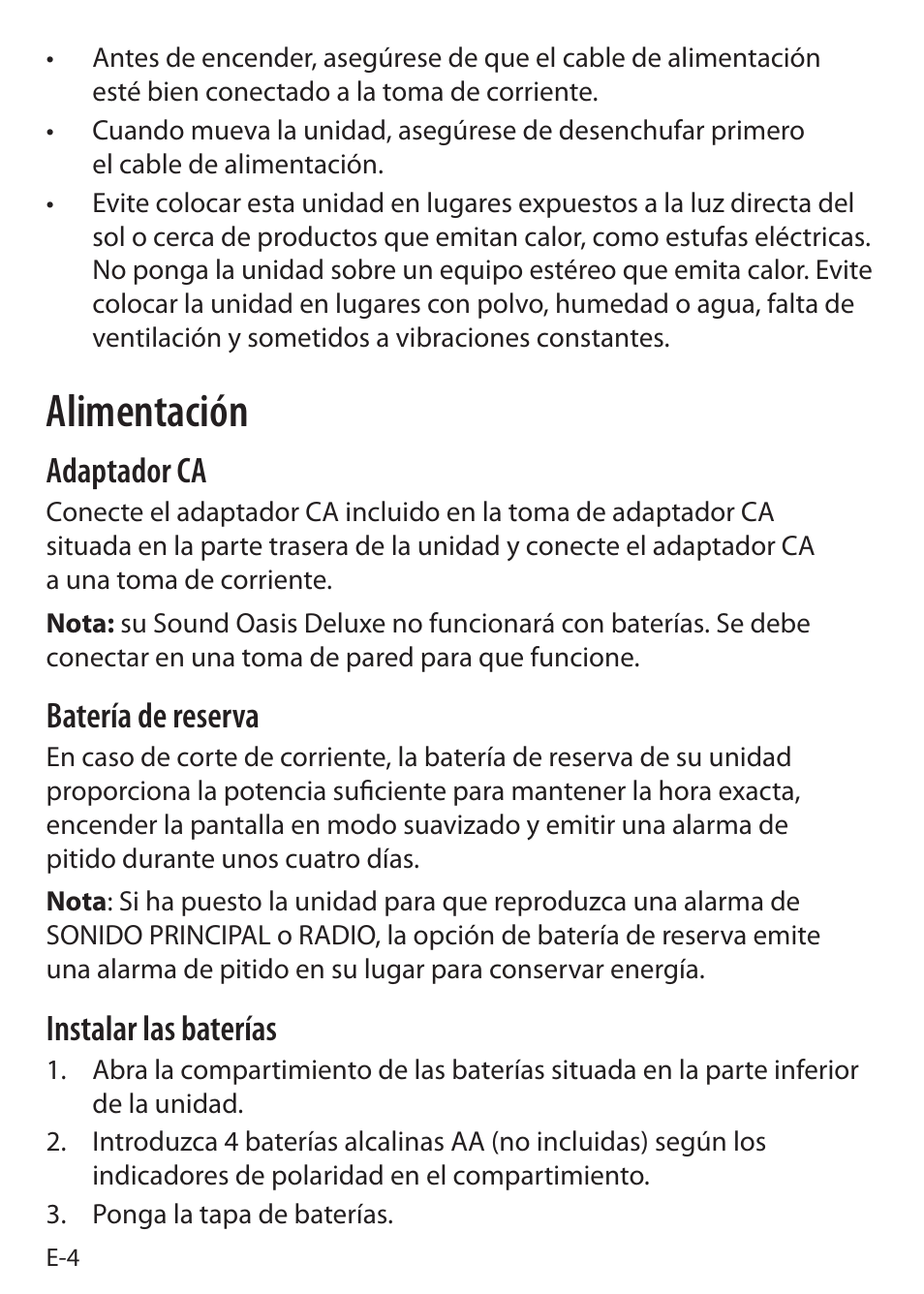 Alimentación, Adaptador ca, Batería de reserva | Instalar las baterías | Sound Oasis S-5000 User Manual | Page 82 / 118