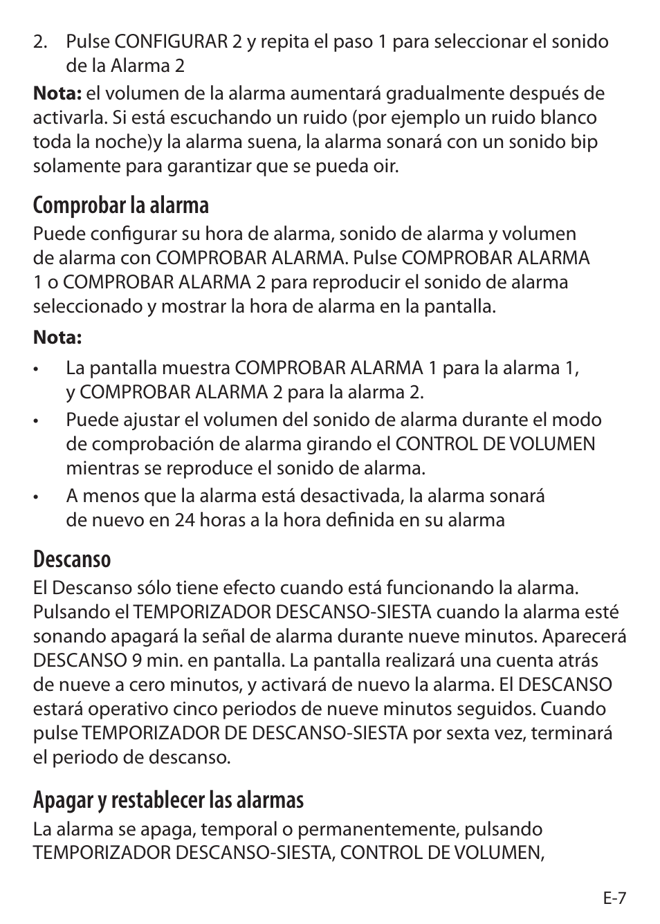 Comprobar la alarma, Descanso, Apagar y restablecer las alarmas | Sound Oasis S-5000 User Manual | Page 85 / 118