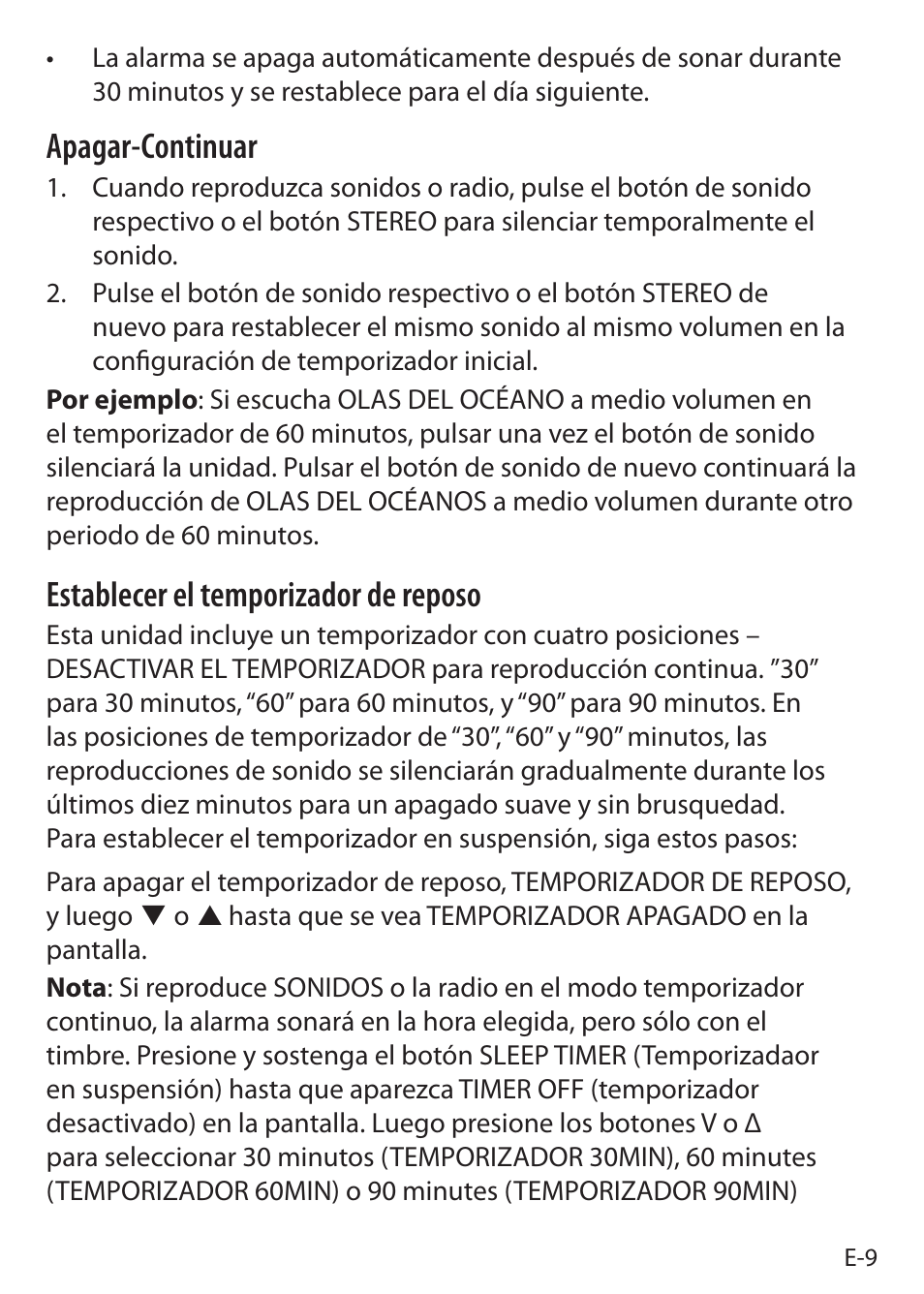 Apagar-continuar, Establecer el temporizador de reposo | Sound Oasis S-5000 User Manual | Page 87 / 118
