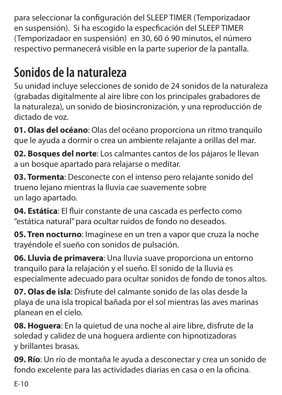 Sonidos de la naturaleza | Sound Oasis S-5000 User Manual | Page 88 / 118