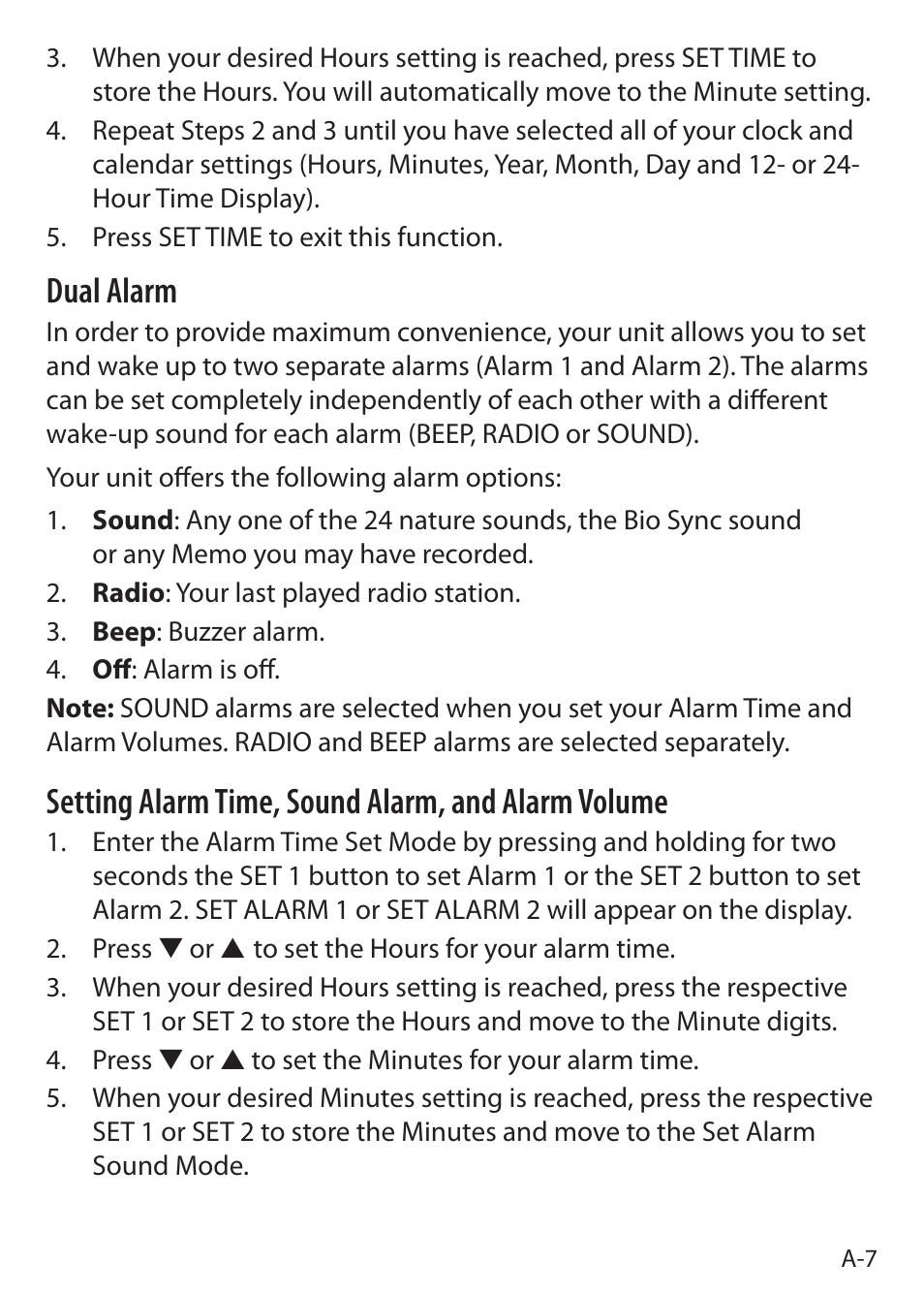 Dual alarm, Setting alarm time, sound alarm, and alarm volume | Sound Oasis S-5000 User Manual | Page 9 / 118