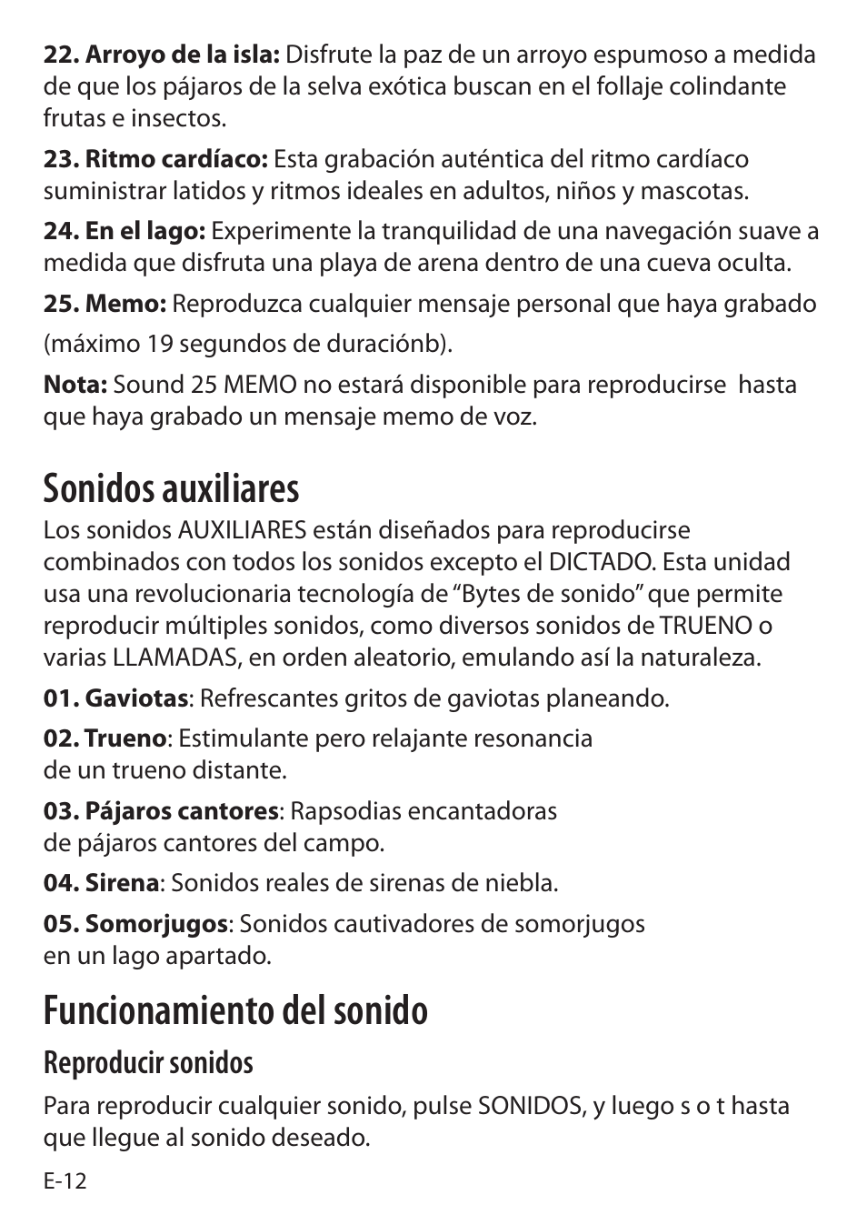 Sonidos auxiliares, Funcionamiento del sonido, Reproducir sonidos | Sound Oasis S-5000 User Manual | Page 90 / 118