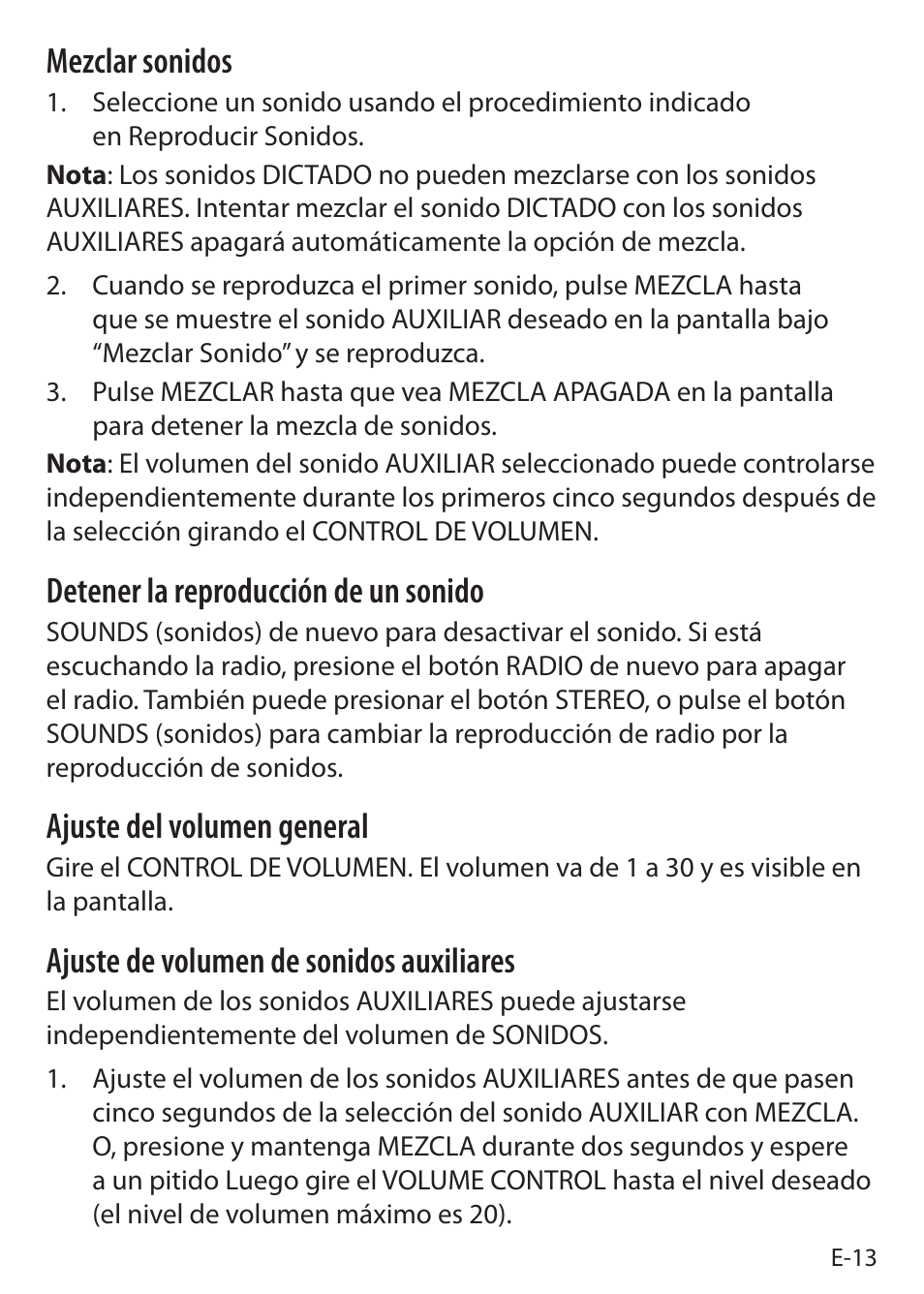 Mezclar sonidos, Detener la reproducción de un sonido, Ajuste del volumen general | Ajuste de volumen de sonidos auxiliares | Sound Oasis S-5000 User Manual | Page 91 / 118