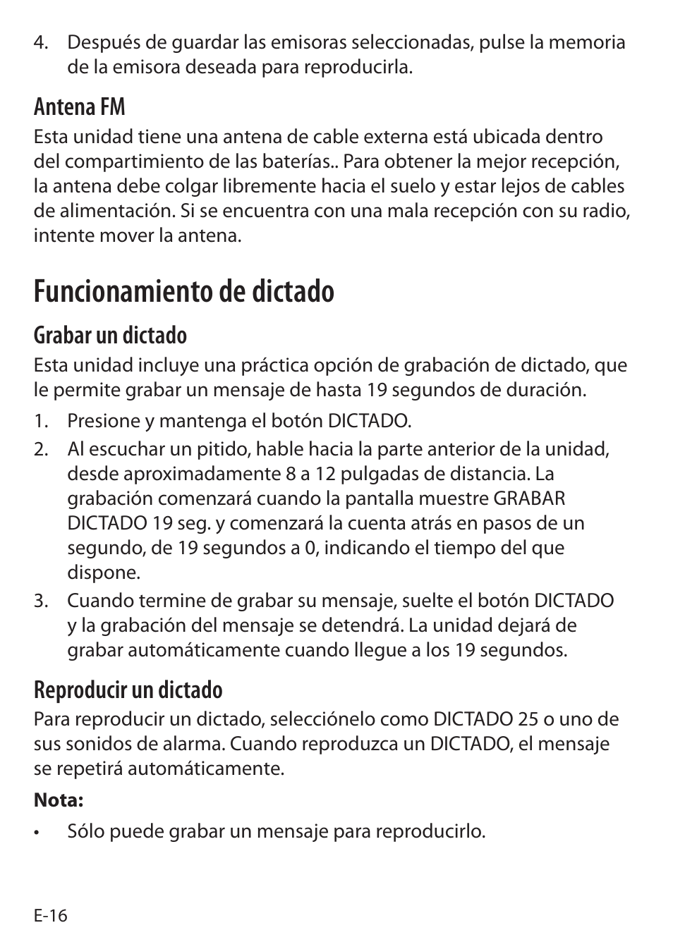 Funcionamiento de dictado, Antena fm, Grabar un dictado | Reproducir un dictado | Sound Oasis S-5000 User Manual | Page 94 / 118