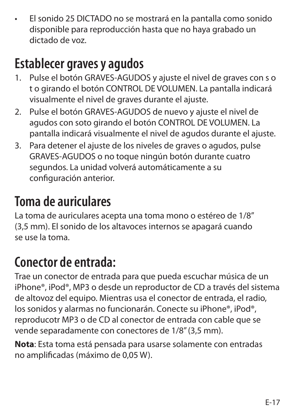 Establecer graves y agudos, Toma de auriculares, Conector de entrada | Sound Oasis S-5000 User Manual | Page 95 / 118