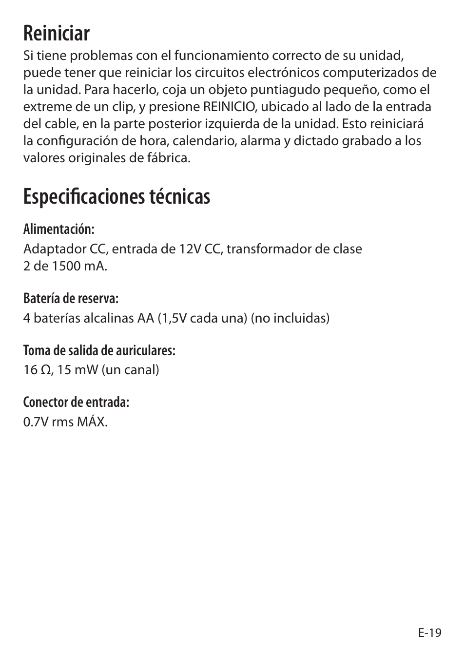 Reiniciar, Especificaciones técnicas | Sound Oasis S-5000 User Manual | Page 97 / 118