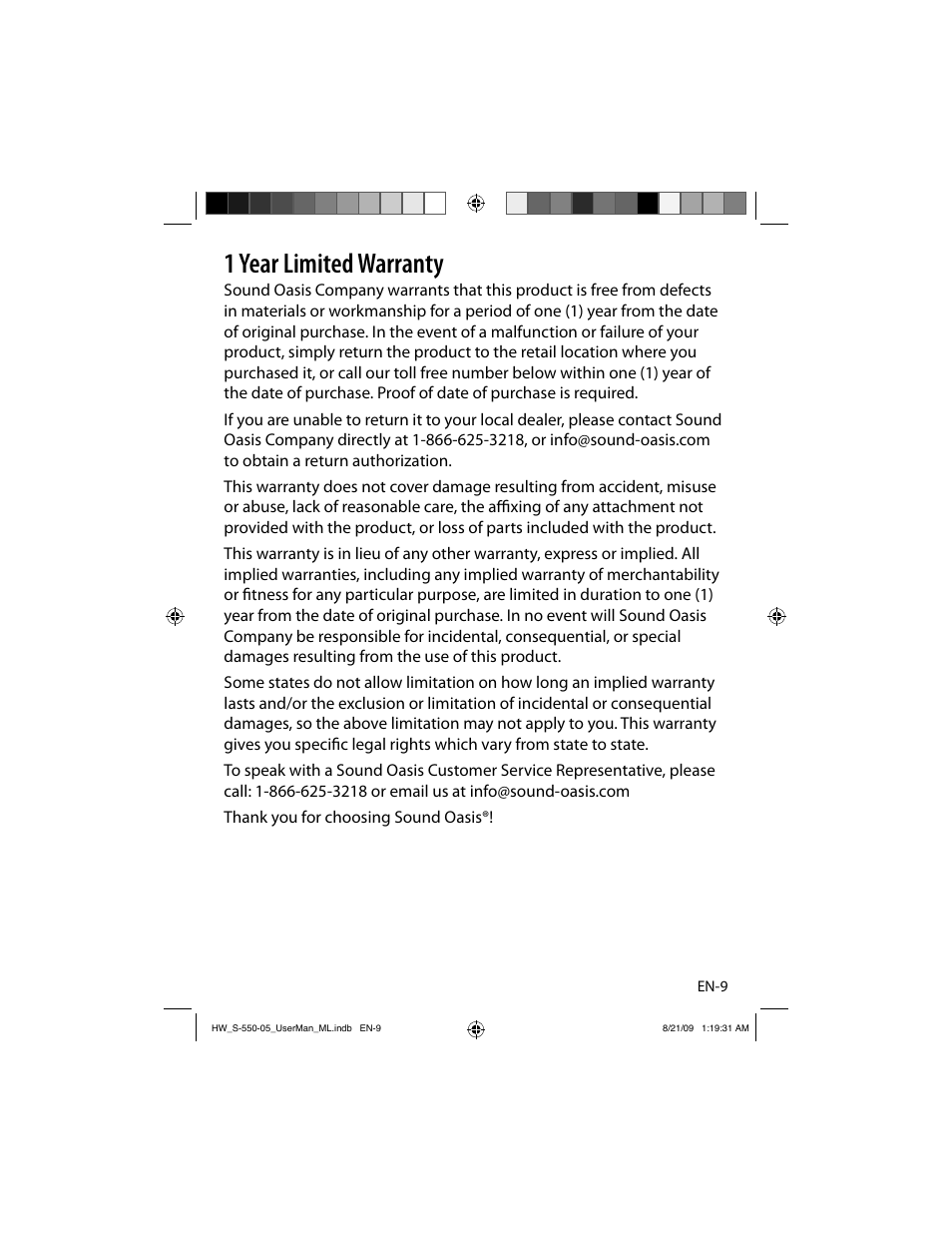 1 year limited warranty | Sound Oasis S-550-05 User Manual | Page 10 / 32