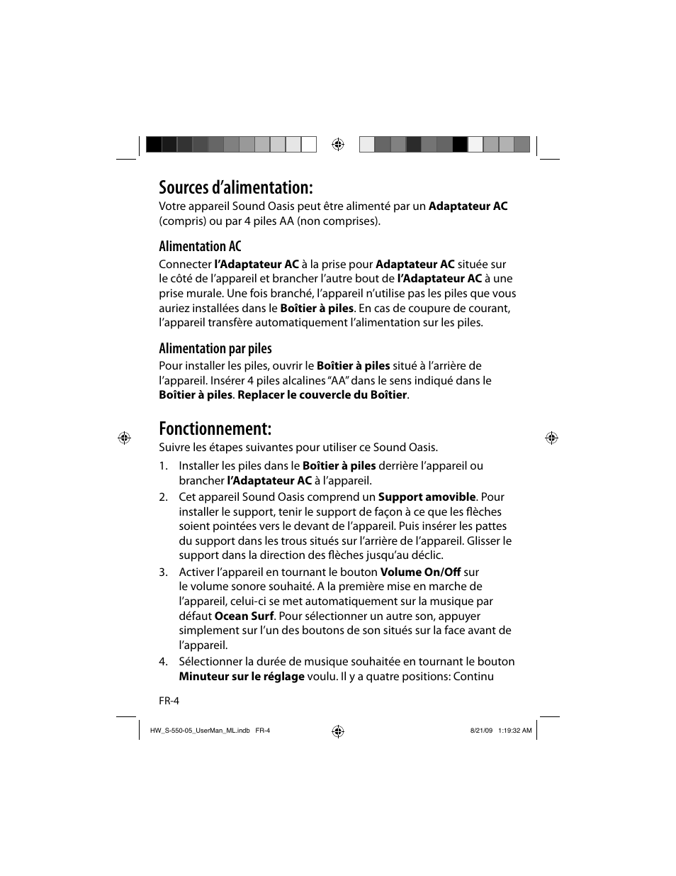 Sources d’alimentation, Fonctionnement, Alimentation ac | Alimentation par piles | Sound Oasis S-550-05 User Manual | Page 15 / 32