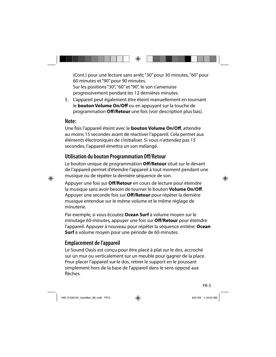 Utilisation du bouton programmation oﬀ /retour, Emplacement de l’appareil | Sound Oasis S-550-05 User Manual | Page 16 / 32