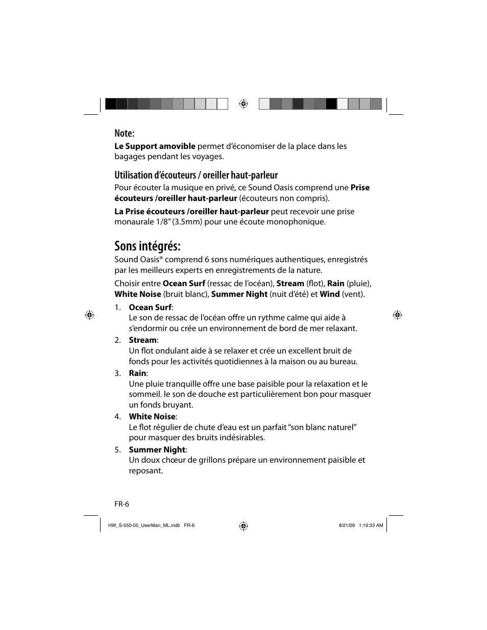 Sons intégrés, Utilisation d’écouteurs / oreiller haut-parleur | Sound Oasis S-550-05 User Manual | Page 17 / 32