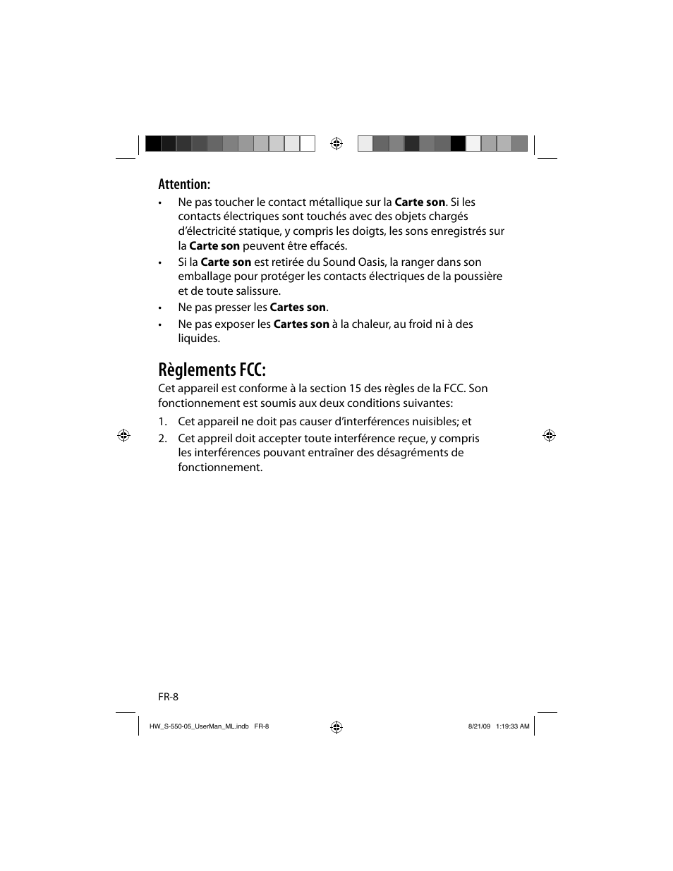 Règlements fcc, Attention | Sound Oasis S-550-05 User Manual | Page 19 / 32