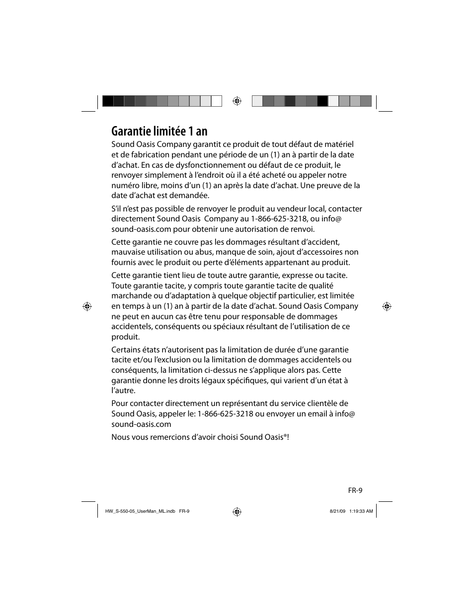 Garantie limitée 1 an | Sound Oasis S-550-05 User Manual | Page 20 / 32