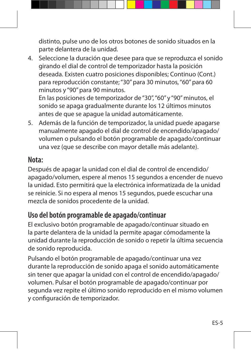 Nota, Uso del botón programable de apagado/continuar | Sound Oasis S-550-05 User Manual | Page 26 / 32