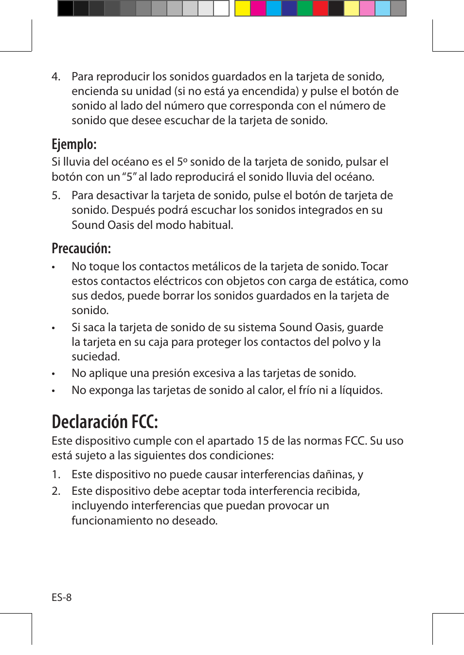 Declaración fcc, Ejemplo, Precaución | Sound Oasis S-550-05 User Manual | Page 29 / 32