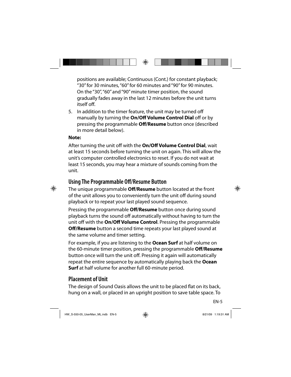 Using the programmable oﬀ /resume button, Placement of unit | Sound Oasis S-550-05 User Manual | Page 6 / 32