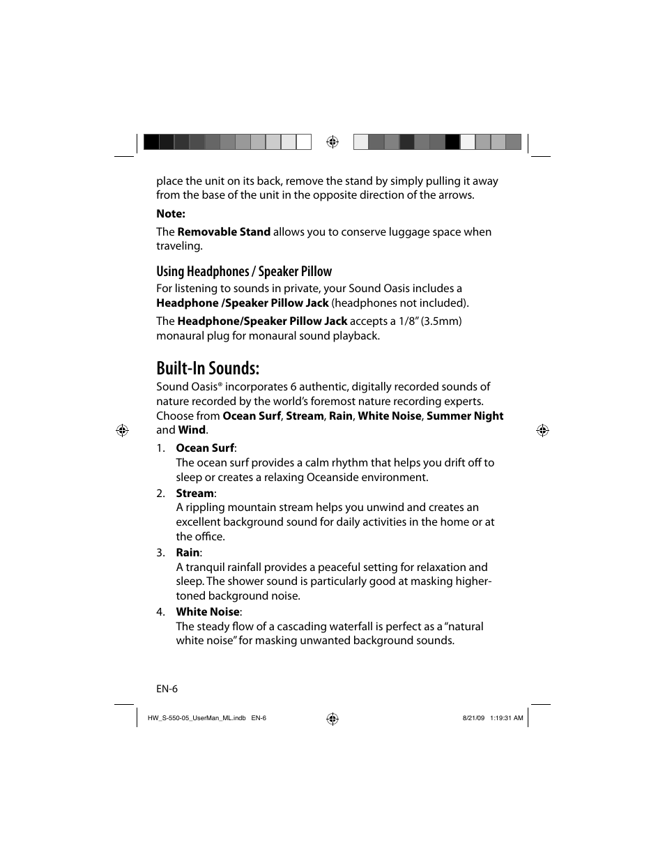 Built-in sounds, Using headphones / speaker pillow | Sound Oasis S-550-05 User Manual | Page 7 / 32