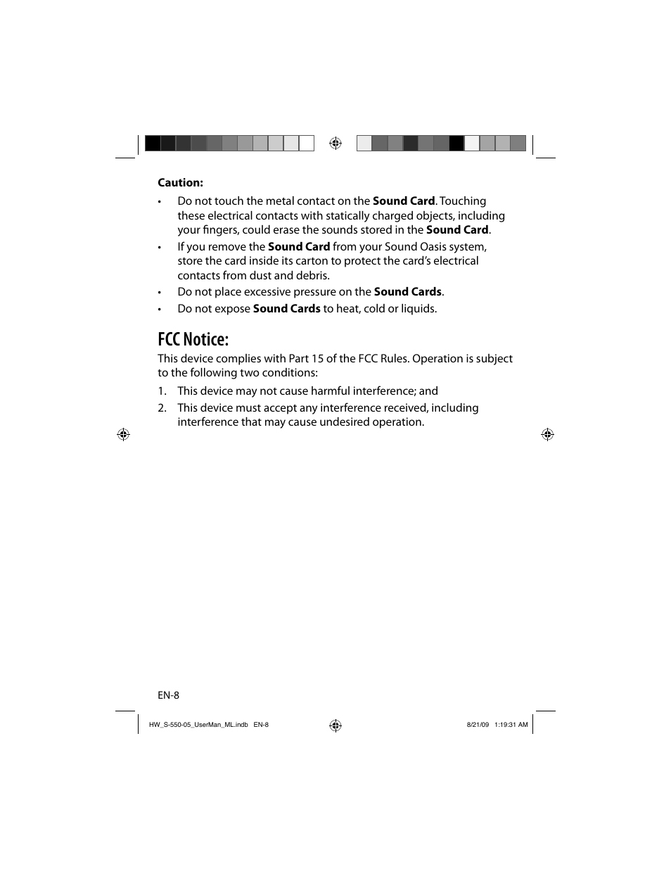 Fcc notice | Sound Oasis S-550-05 User Manual | Page 9 / 32