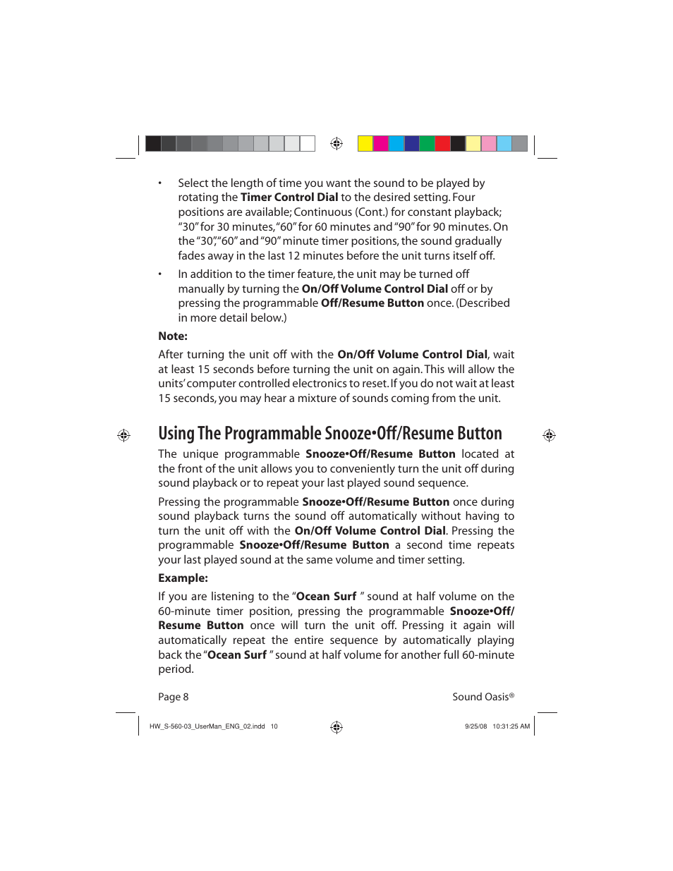 Using the programmable snooze•off/resume button | Sound Oasis S-560-03 User Manual | Page 10 / 16
