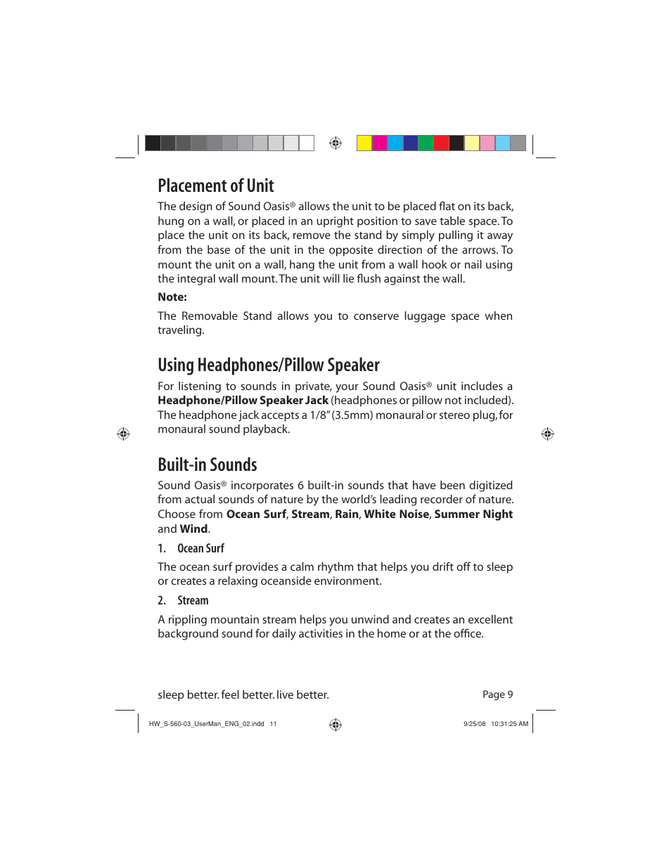 Placement of unit, Using headphones/pillow speaker, Built-in sounds | Sound Oasis S-560-03 User Manual | Page 11 / 16