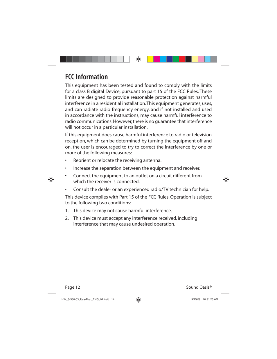 Fcc information | Sound Oasis S-560-03 User Manual | Page 14 / 16