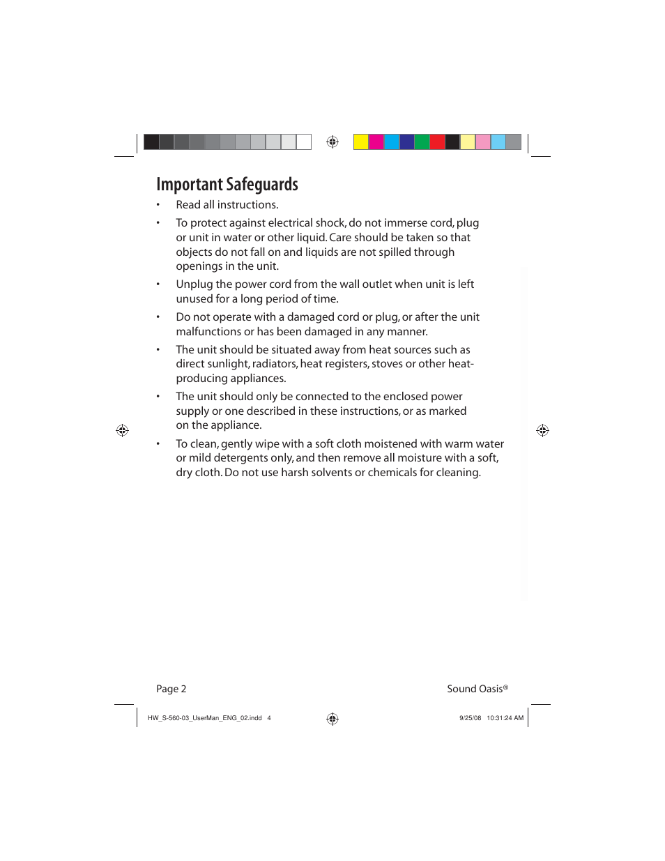 Important safeguards | Sound Oasis S-560-03 User Manual | Page 4 / 16