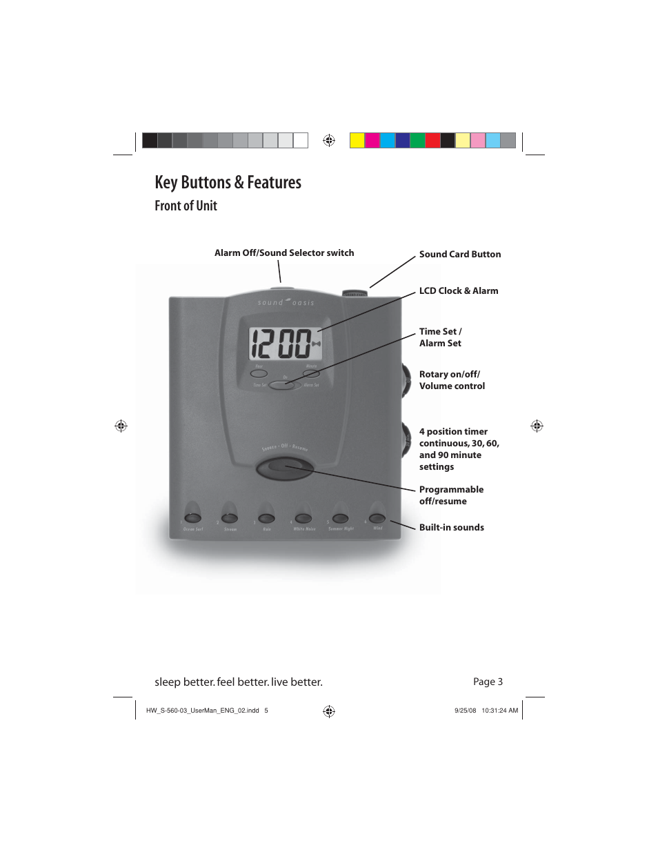 Key buttons & features, Front of unit | Sound Oasis S-560-03 User Manual | Page 5 / 16