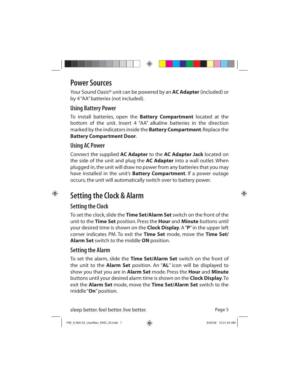 Power sources, Setting the clock & alarm, Using battery power | Using ac power, Setting the clock, Setting the alarm | Sound Oasis S-560-03 User Manual | Page 7 / 16