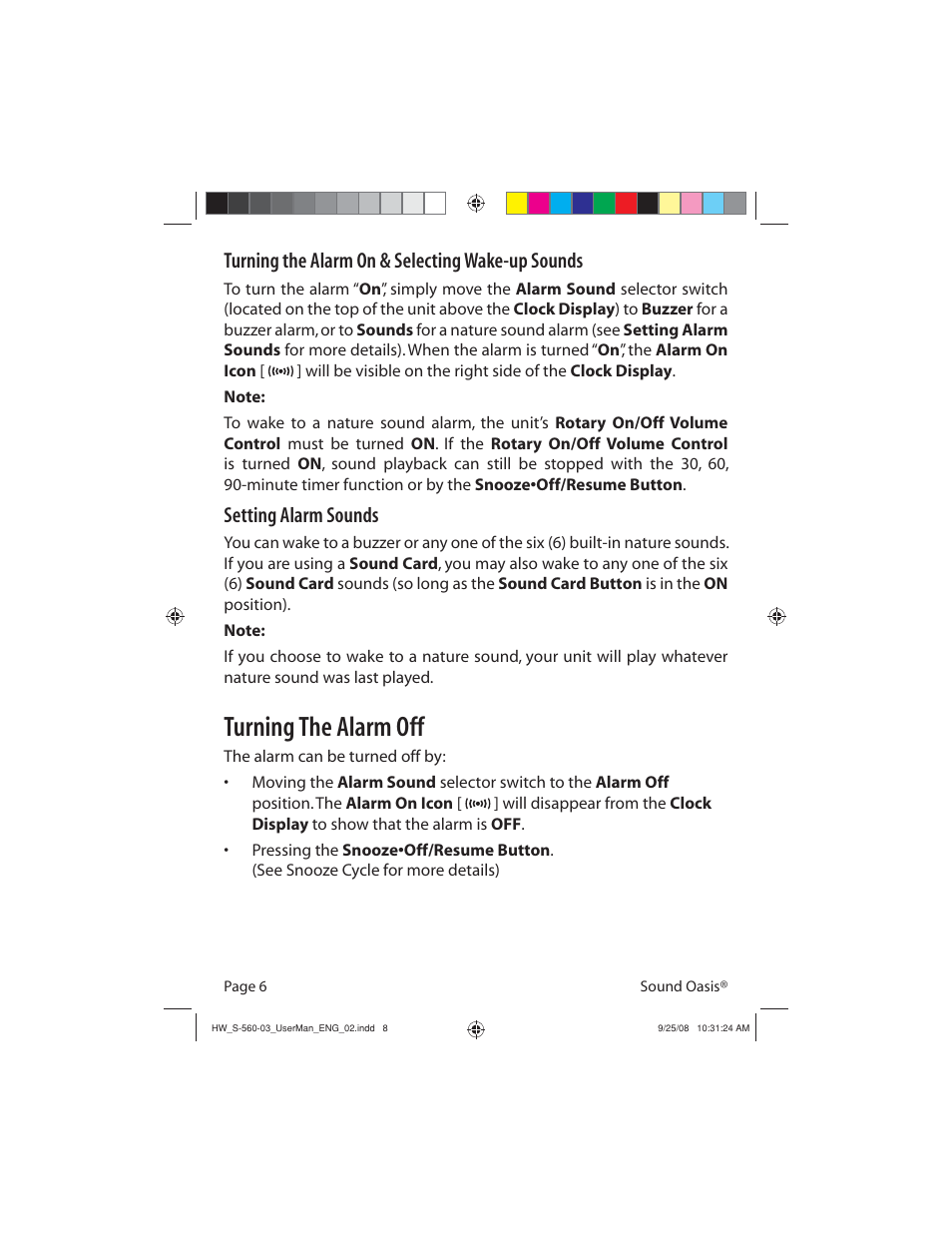 Turning the alarm off, Turning the alarm on & selecting wake-up sounds, Setting alarm sounds | Sound Oasis S-560-03 User Manual | Page 8 / 16