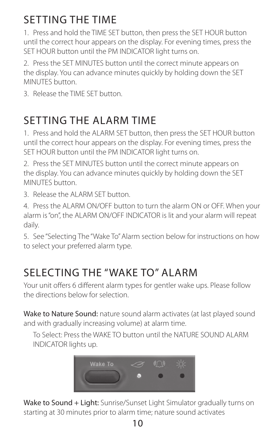 Setting the time, Setting the alarm time, Selecting the “wake to” alarm | Sound Oasis BLS-100SO User Manual | Page 11 / 20