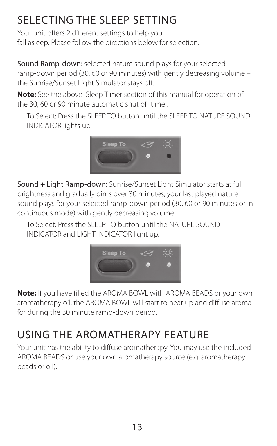 Selecting the sleep setting, Using the aromatherapy feature | Sound Oasis BLS-100SO User Manual | Page 14 / 20