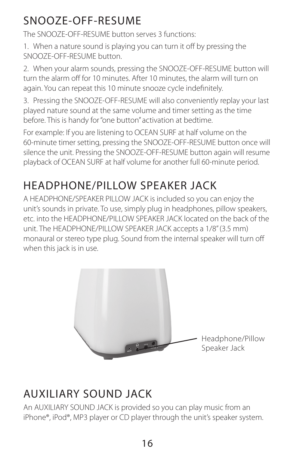 Snooze-off-resume, Headphone/pillow speaker jack, Auxiliary sound jack | Sound Oasis BLS-100SO User Manual | Page 17 / 20