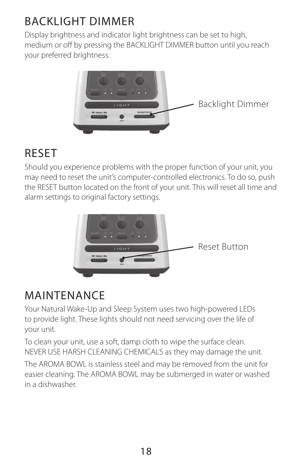Backlight dimmer, Reset, Maintenance | Sound Oasis BLS-100SO User Manual | Page 19 / 20