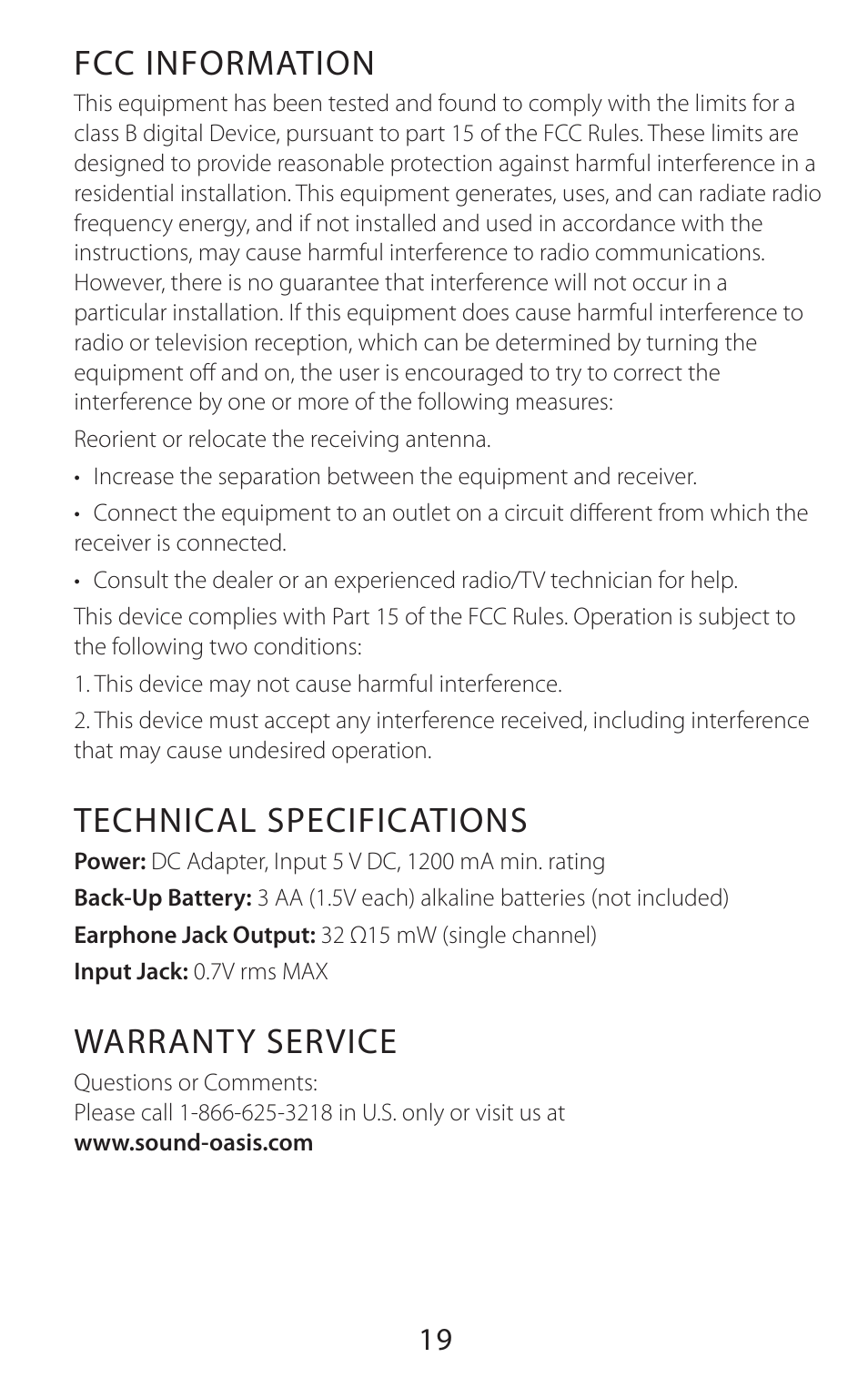 Fcc information, Technical specifications, Warranty service | Sound Oasis BLS-100SO User Manual | Page 20 / 20