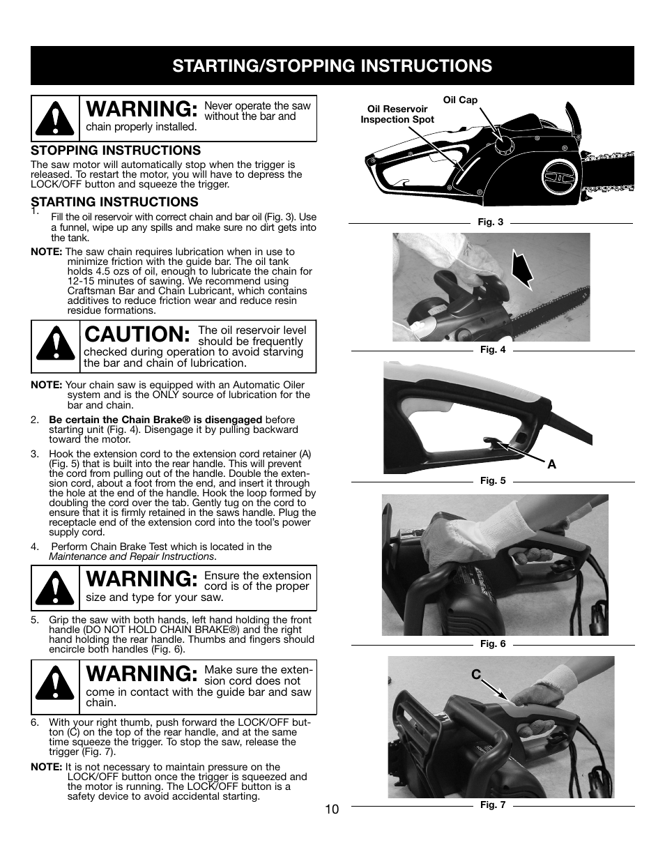 Warning, Caution, Starting/stopping instructions | Craftsman 316.34107 User Manual | Page 10 / 23