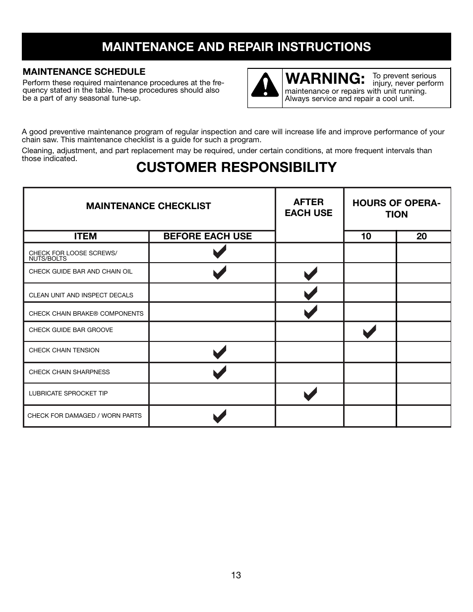 Warning, Customer responsibility, Maintenance and repair instructions | Craftsman 316.34107 User Manual | Page 13 / 23