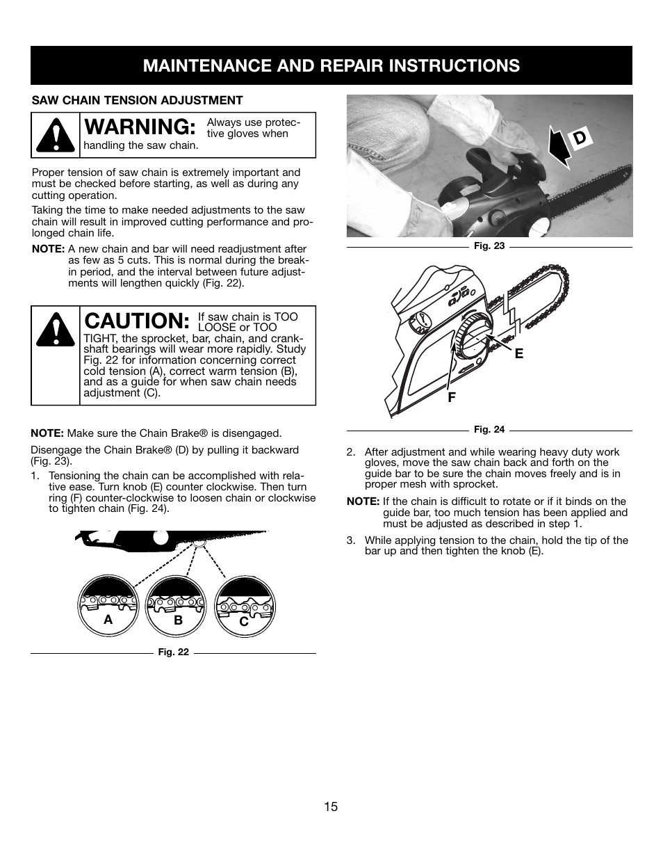 Warning, Caution, Maintenance and repair instructions d | Craftsman 316.34107 User Manual | Page 15 / 23