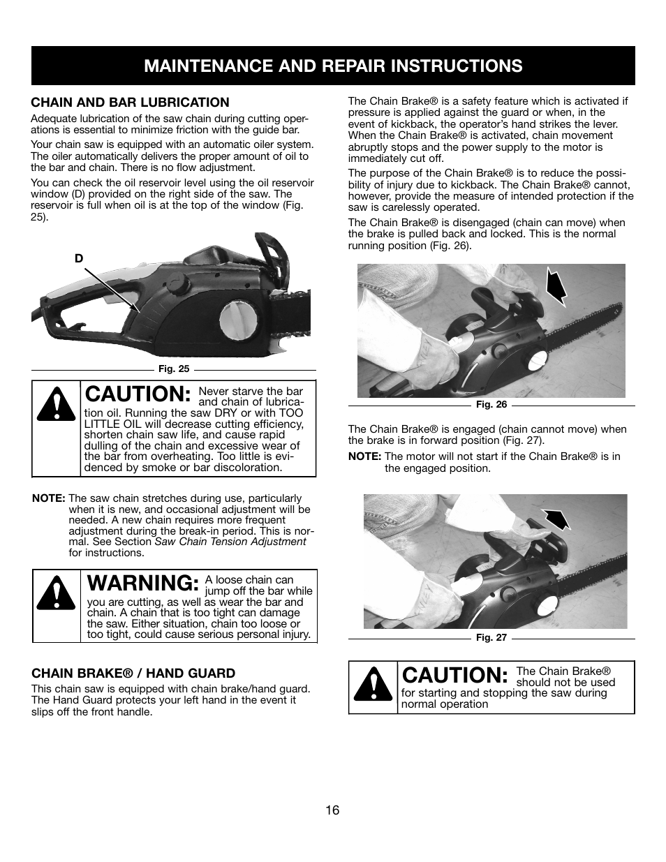 Caution, Warning, Maintenance and repair instructions | Craftsman 316.34107 User Manual | Page 16 / 23